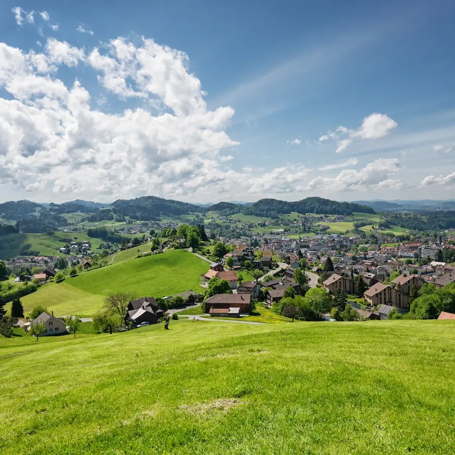 A panoramic view of the Swiss countryside, with numerous houses that our real estate agency sells every day, striving to become the number one agency in Switzerland. The houses are surrounded by mountains and greenery.